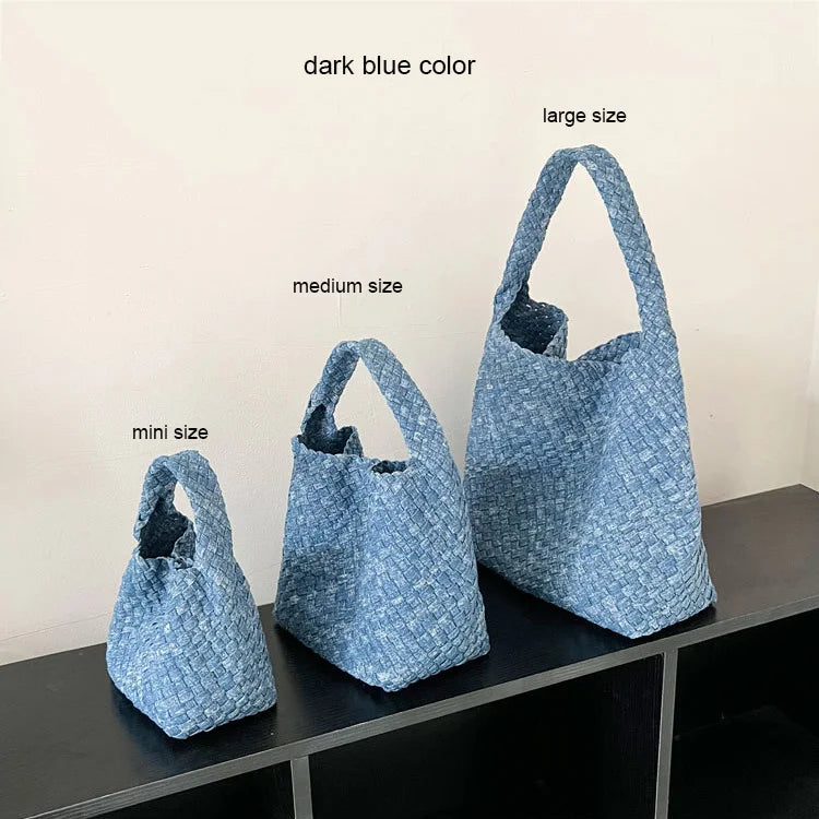 2025 Handwoven Denim Tote Bag for Women Bucket Handbag Lady Handmade Weaving Versatile Handheld Shoulder Crossbody Bag Messenger