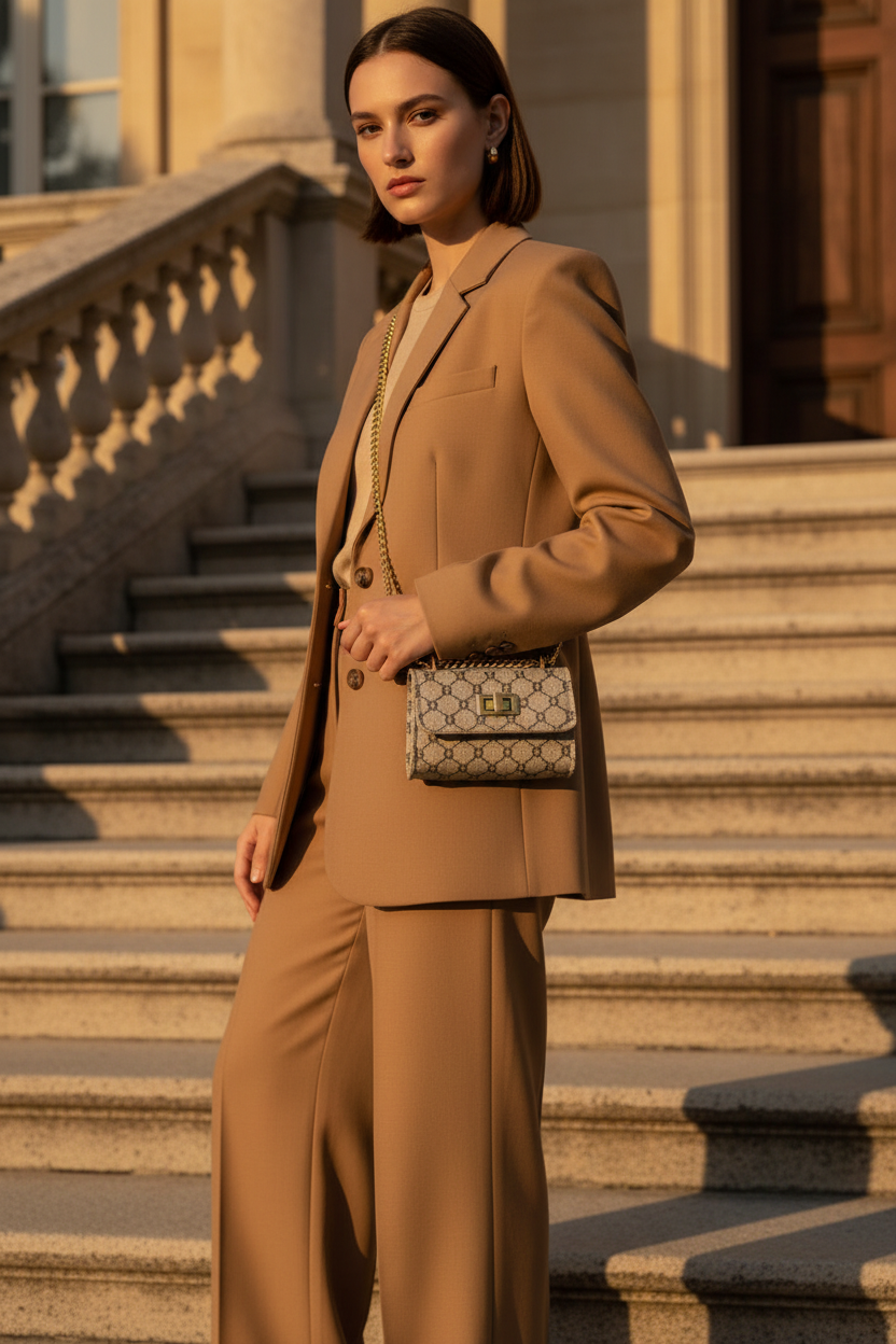 Model wearing a tan suit carrying The Mini – Compact Women's Mini Handbag while standing on elegant stairs.