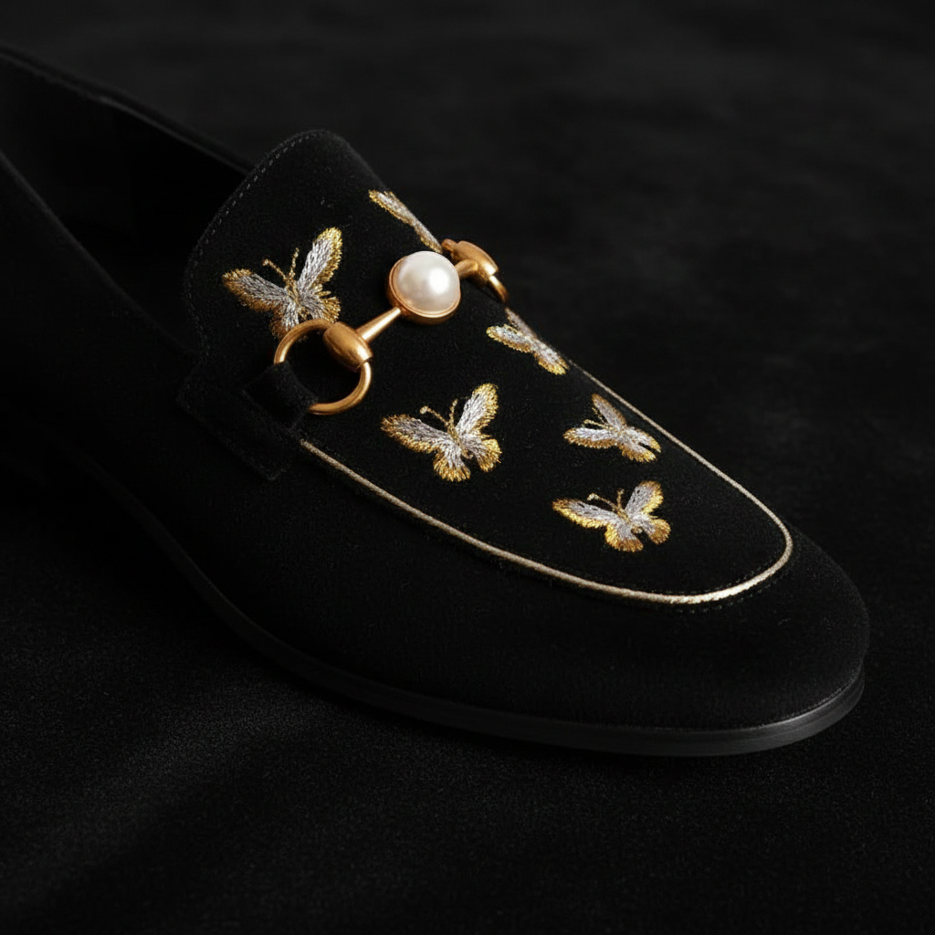 Pearl & Bee Loafers – Overhead Close-Up Velvet Loafers