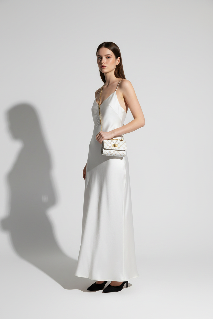 Model wearing a sleek white dress and carrying The Mini – Compact Women's Mini Handbag for a stylish look.