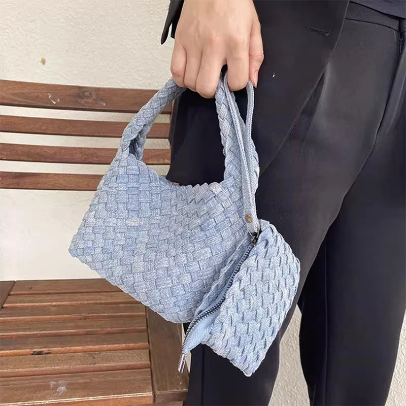 2025 Handwoven Denim Tote Bag for Women Bucket Handbag Lady Handmade Weaving Versatile Handheld Shoulder Crossbody Bag Messenger