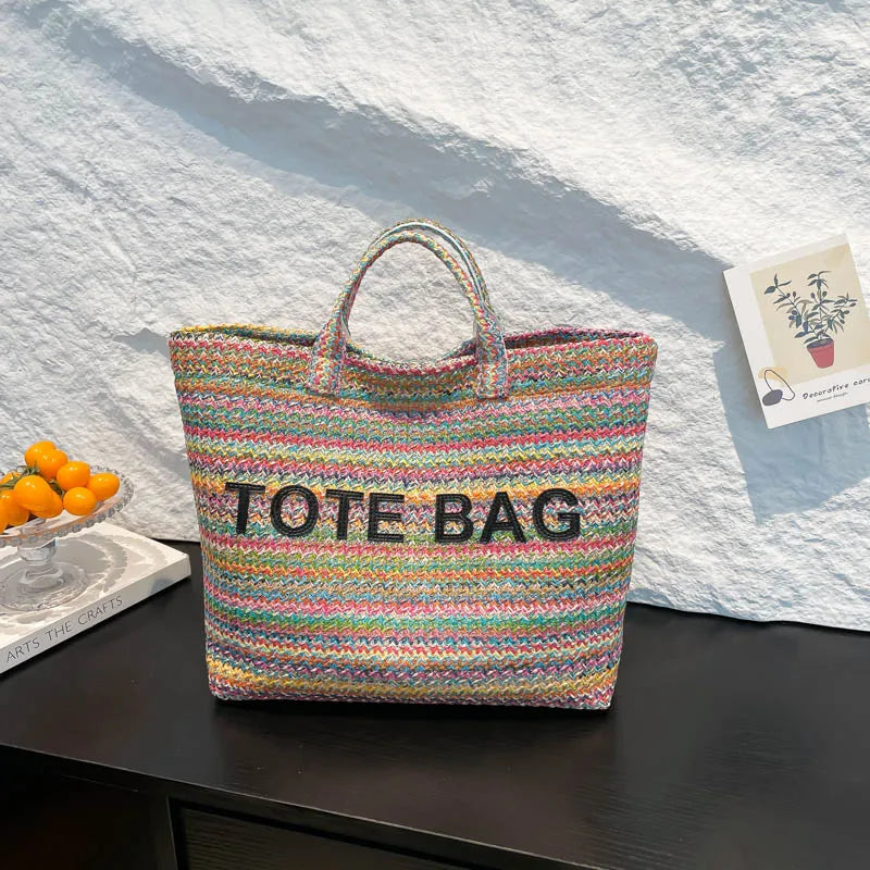Casual Fashion Large Capacity Exquisite Colorful Straw Woven Tote Bags Personality Color Matching Summer Style Women's Handbags