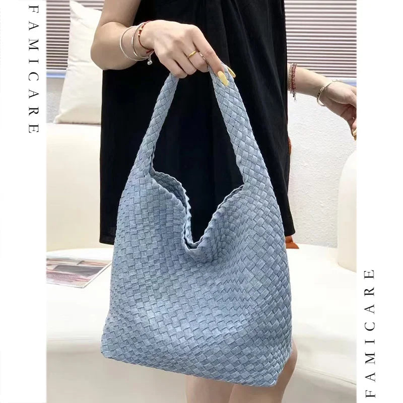 2025 Handwoven Denim Tote Bag for Women Bucket Handbag Lady Handmade Weaving Versatile Handheld Shoulder Crossbody Bag Messenger