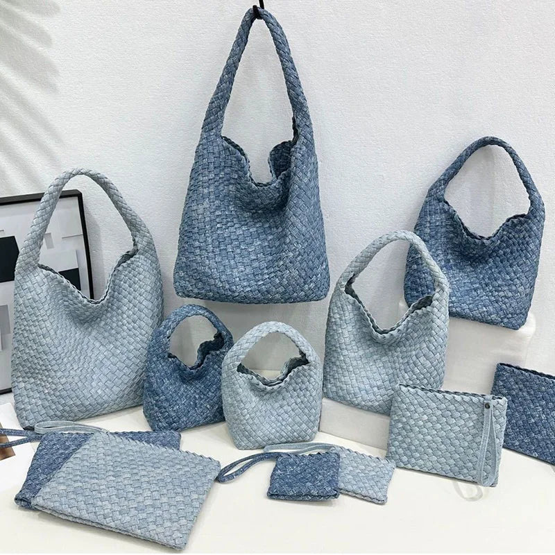 2025 Handwoven Denim Tote Bag for Women Bucket Handbag Lady Handmade Weaving Versatile Handheld Shoulder Crossbody Bag Messenger