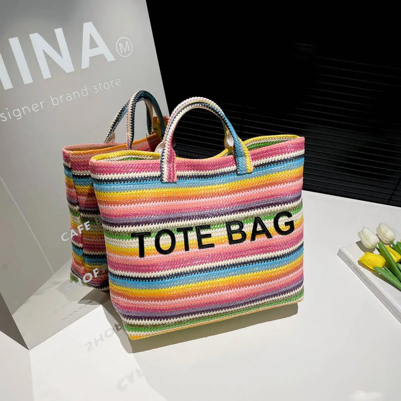 Casual Fashion Large Capacity Exquisite Colorful Straw Woven Tote Bags Personality Color Matching Summer Style Women's Handbags