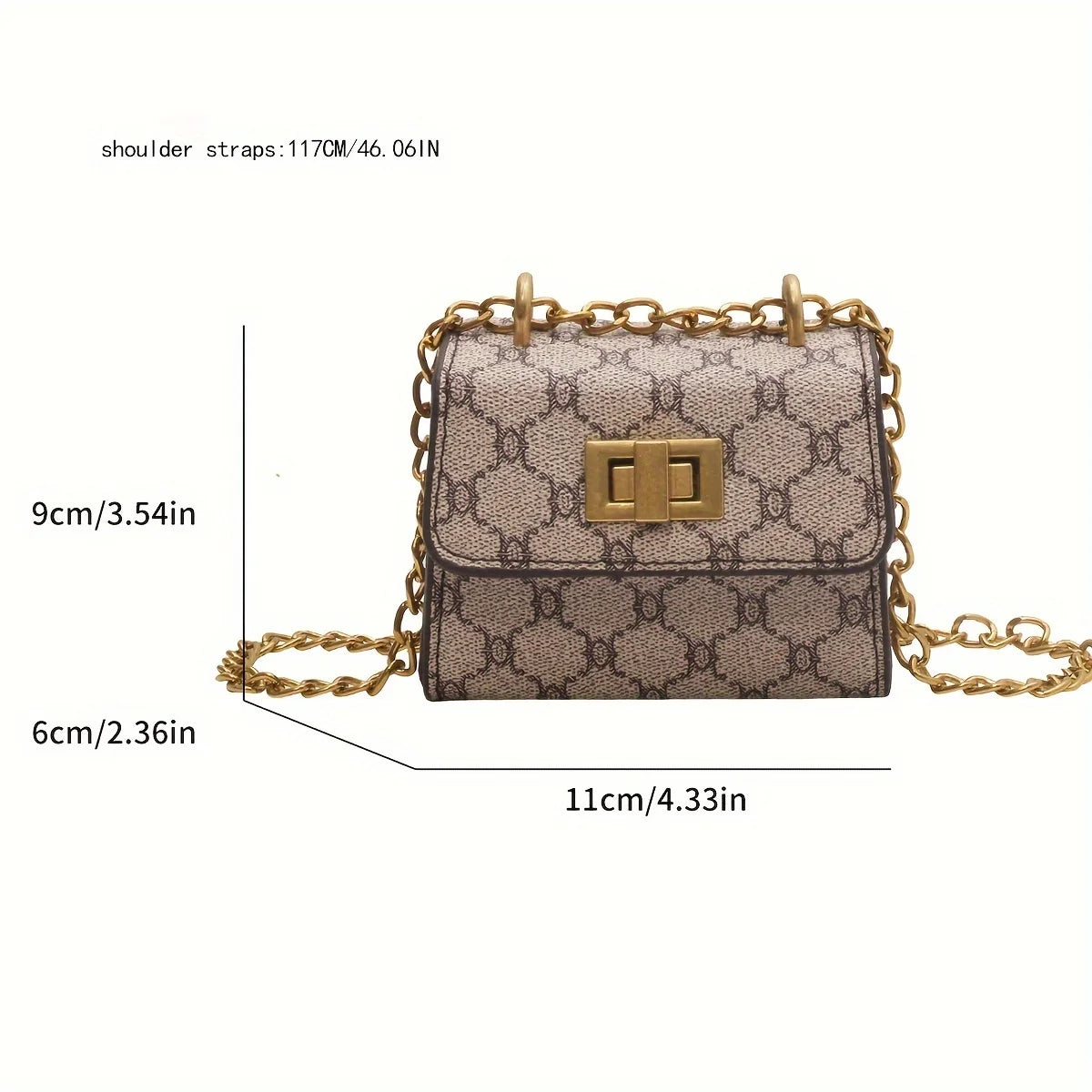 The Mini – Compact Women's Mini Handbag with gold chain strap and stylish design, dimensions shown in cm and inches.