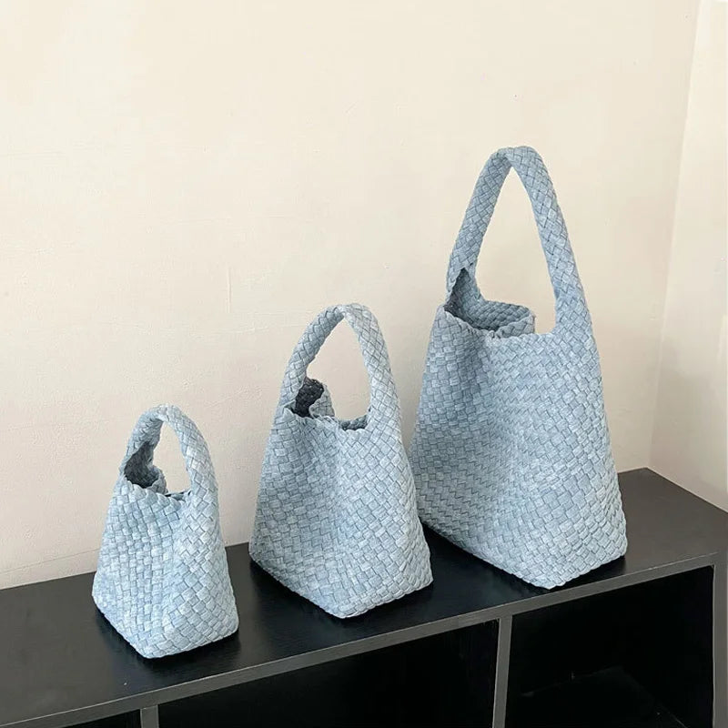 2025 Handwoven Denim Tote Bag for Women Bucket Handbag Lady Handmade Weaving Versatile Handheld Shoulder Crossbody Bag Messenger