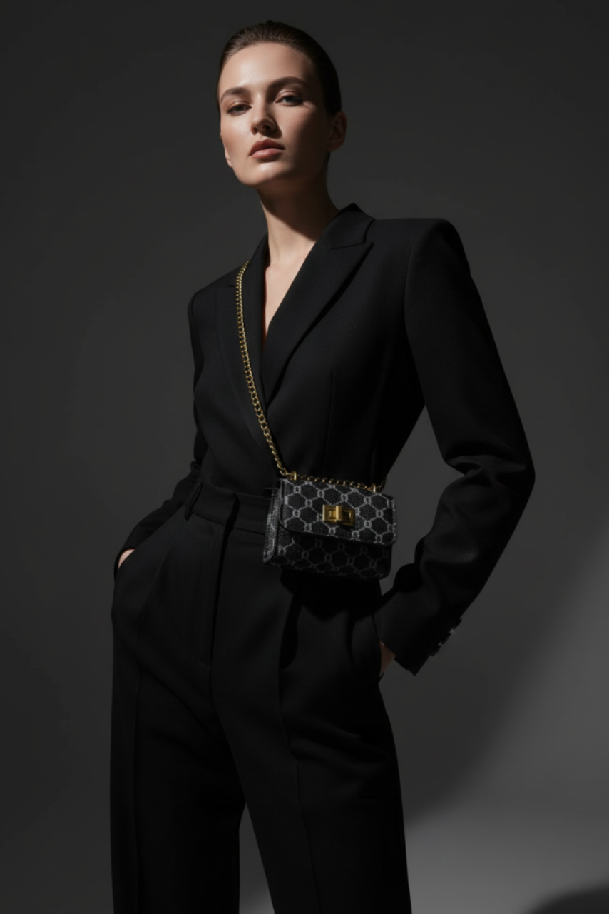 The Mini – Compact Women's Mini Handbag stylishly worn by a model in an elegant black suit.