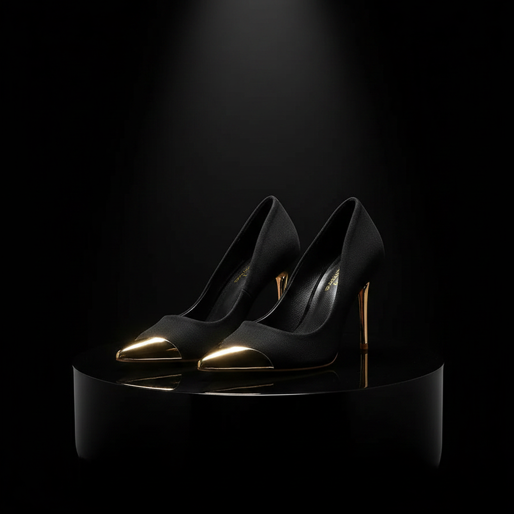 Black Suede Gold Stilettos – Pedestal Product Shot The Nine Stilettos