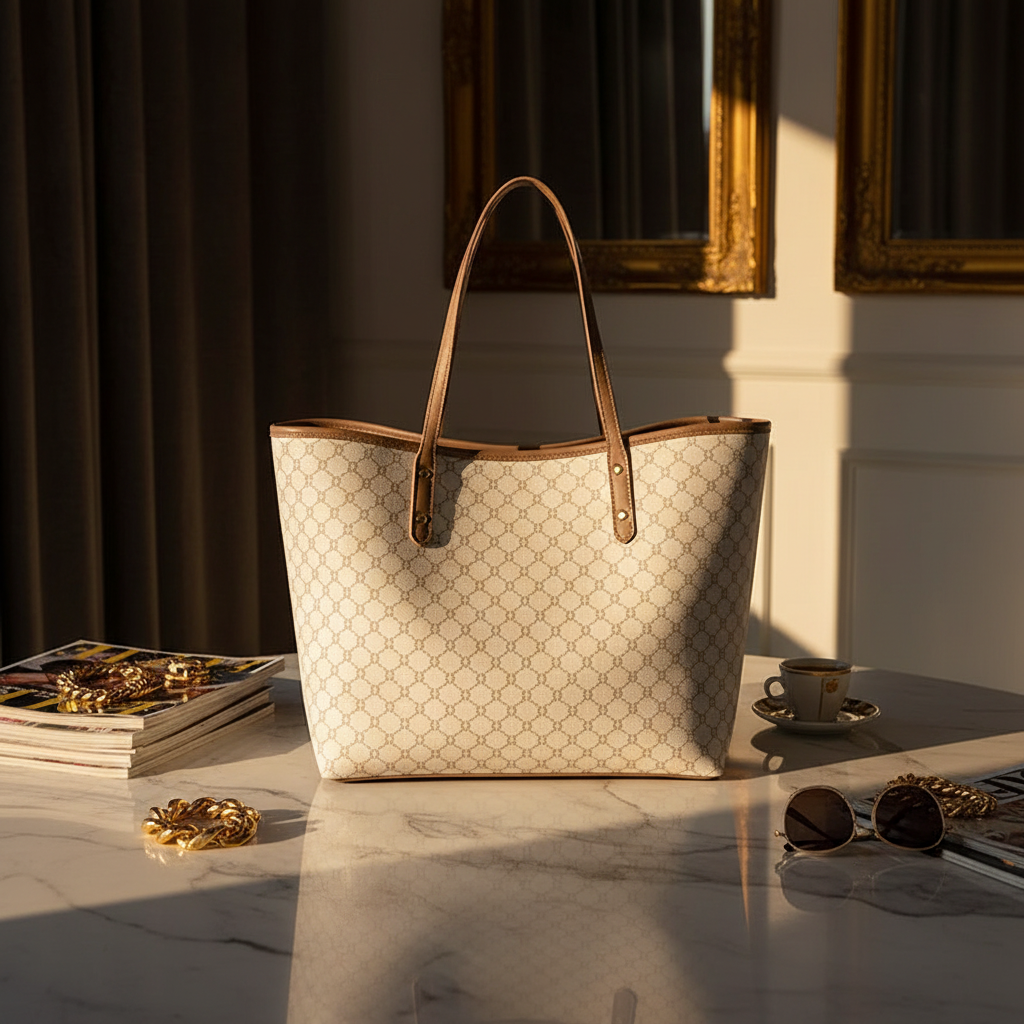 The Nigedu Tote - Elegant Women's Everyday Tote Bag displayed on a marble table with magazines and sunglasses.