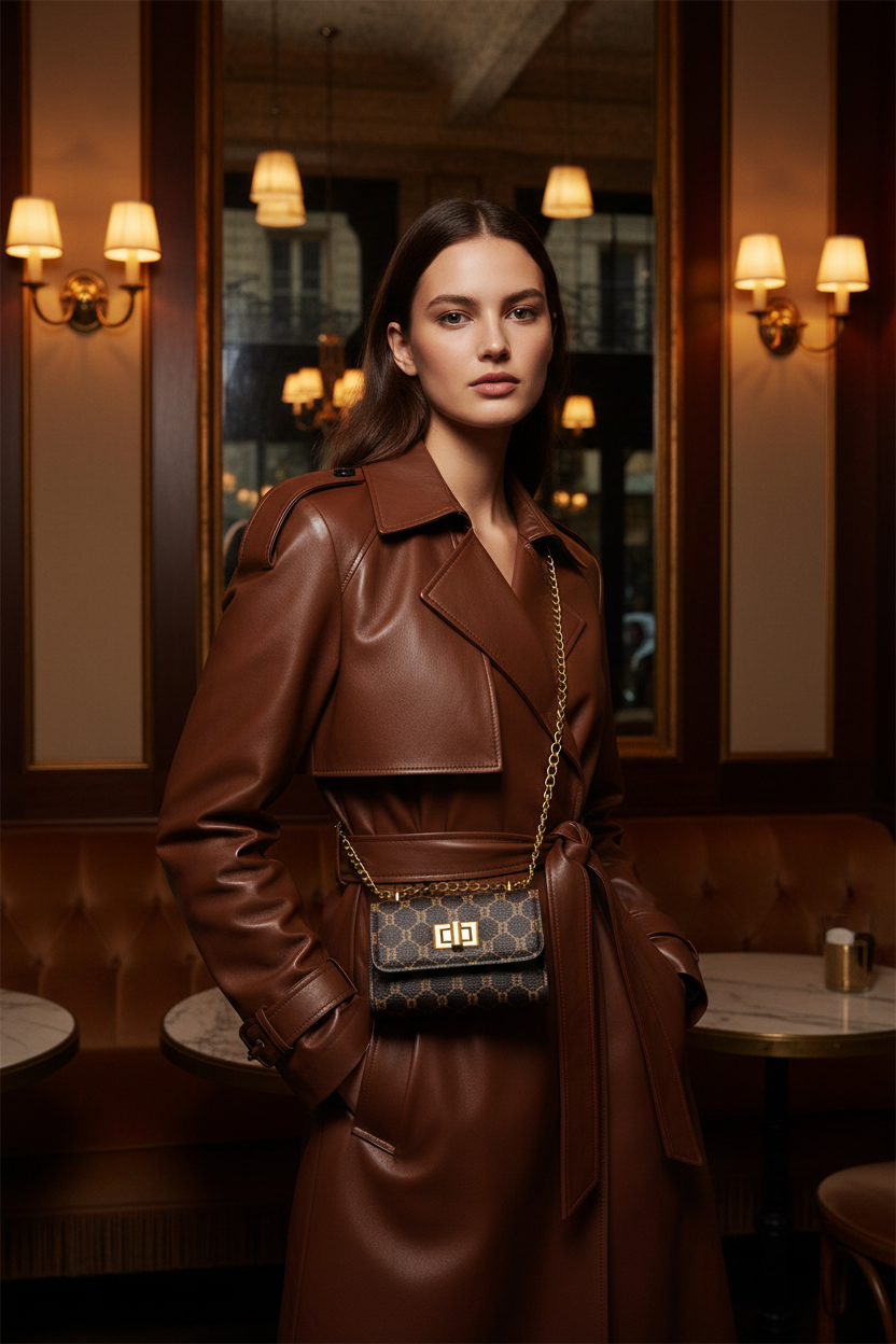 Model wearing The Mini – Compact Women's Mini Handbag with a stylish brown leather coat in a chic café setting.