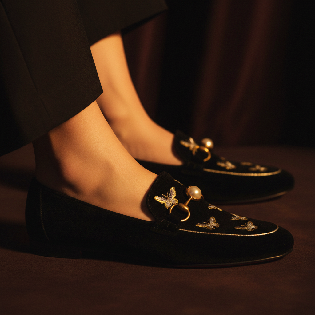 Pearl & Bee Loafers – Side Profile Close-Up Velvet Loafers